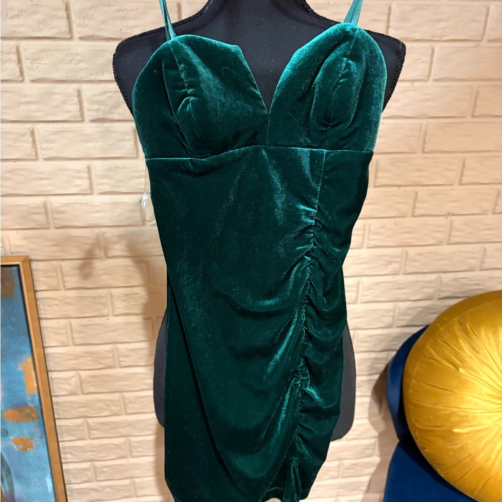 Emerald Sundae Teal-Green Velvet Ruched Mini Dress